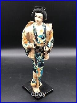 1957 Antique Vintage Japan Geisha Doll Real Hair Silk Orig Tag Japanese Figurine