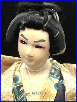 1957 Antique Vintage Japan Geisha Doll Real Hair Silk Orig Tag Japanese Figurine