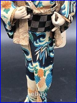 1957 Antique Vintage Japan Geisha Doll Real Hair Silk Orig Tag Japanese Figurine