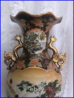 24 Vintage Satsuma Hand Painted Gilded Golden Vase With Dragon Handle