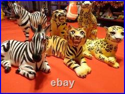 6 Piece Antique Ceramic Animal Statues Hand Painted Japan Tigers Zebras Lepords