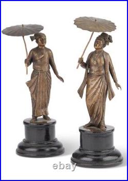 A Fine Pair Of Japanese Bronze Okimono Of A Japanese Couple. Meiji Era