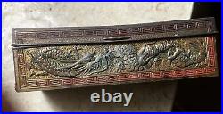 ANTIQUE JAPANESE Dragon Repousse METAL STAMPS BOX JAPAN