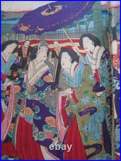 ANTIQUE Japanese Woodblock Print Triptych Chikanobu c. 1890, PROCESSION