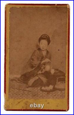 Antique CDV 1886 Traditional Japanese Lady In Robes Eating Meal Hiogo Japan
