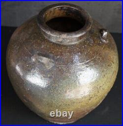 Antique Japan Chatsubo Bizen ceramic tea leaf holder 1900 wood kiln craft