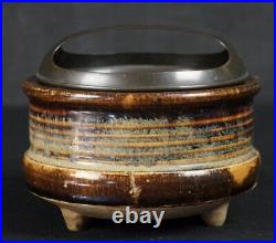 Antique Japan Seto bronze lid ceramic Koro censer 1800 kiln art