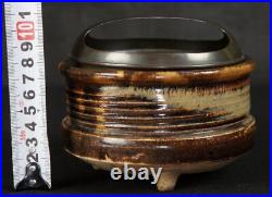 Antique Japan Seto bronze lid ceramic Koro censer 1800 kiln art