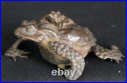 Antique Japan bronze Kaeru frog sculpture 1900 Suiteki Zen Writing