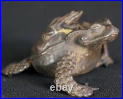 Antique Japan bronze Kaeru frog sculpture 1900 Suiteki Zen Writing