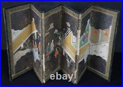 Antique Japan folding screen painting small byobu hand craft 1800