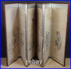 Antique Japan rural folk folding screen painting Byobu hand craft 1800