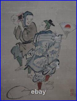 Antique Japan rural folk folding screen painting Byobu hand craft 1800