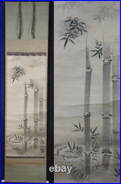 Antique Japan scroll painting bamboo and sparrow 1700 Kakejiku art