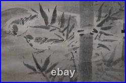 Antique Japan scroll painting bamboo and sparrow 1700 Kakejiku art