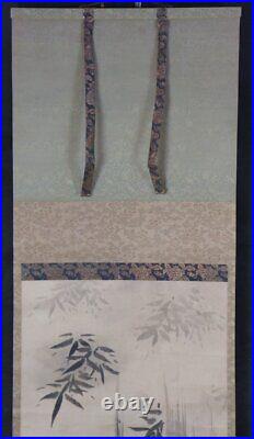 Antique Japan scroll painting bamboo and sparrow 1700 Kakejiku art