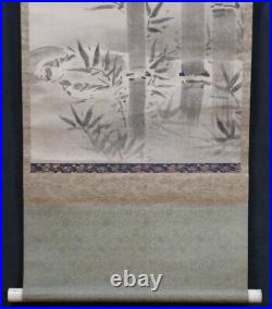 Antique Japan scroll painting bamboo and sparrow 1700 Kakejiku art