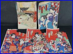 Antique Japan woodblock print Kabuki actors Samurai 1880s Meiji