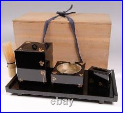 Antique Japanaese Lacquerware Wooden Ash Tray Box Golden Clovers Pattern