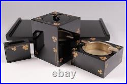 Antique Japanaese Lacquerware Wooden Ash Tray Box Golden Clovers Pattern