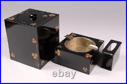 Antique Japanaese Lacquerware Wooden Ash Tray Box Golden Clovers Pattern