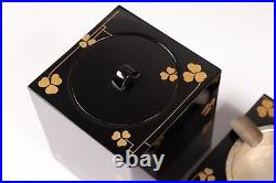 Antique Japanaese Lacquerware Wooden Ash Tray Box Golden Clovers Pattern