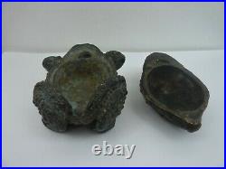Antique Japanese Bronze Toad Frog Incense Container Censer Koro Okimono Box Gama