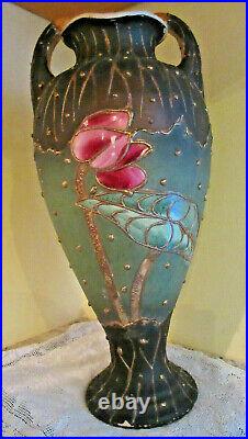 Antique Japanese Moriage Two Handle Vase Hand Painted 17 Rare