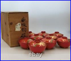 Antique Japanese Wooden Soup bowls Red Lacquer 9-Set Cranes and Pines Wooden Box