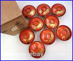 Antique Japanese Wooden Soup bowls Red Lacquer 9-Set Cranes and Pines Wooden Box