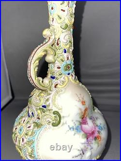 Antique Moriage Japan Ewer Hand Painted Vtg Pitcher Vase Mums Multicolored