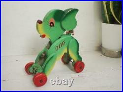 Antique Vintage Goods Made Of Wood Green Doggy Pulling And Playing Toy Interior
