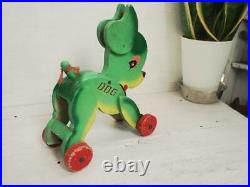 Antique Vintage Goods Made Of Wood Green Doggy Pulling And Playing Toy Interior