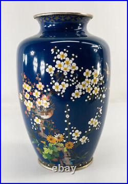 Antique Vintage Japanese Cloisonne Enamel Vase with Floral Landscape Birds