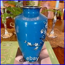 Antique Vintage Silver Wire Japanese Meiji Enamel Cloisonné Blue Floral Vase