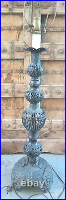 Antique Vtg Asian Black Wrought Iron Filigree Large Lamp Japan Flowers 40 T