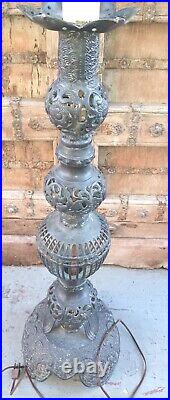 Antique Vtg Asian Black Wrought Iron Filigree Large Lamp Japan Flowers 40 T