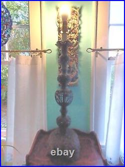 Antique Vtg Asian Black Wrought Iron Filigree Large Lamp Japan Flowers 40 T