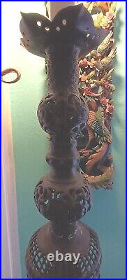 Antique Vtg Asian Black Wrought Iron Filigree Large Lamp Japan Flowers 40 T