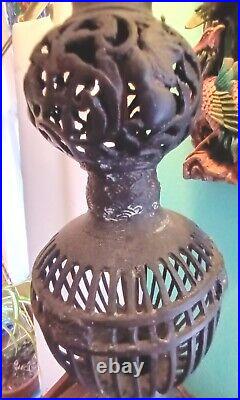 Antique Vtg Asian Black Wrought Iron Filigree Large Lamp Japan Flowers 40 T