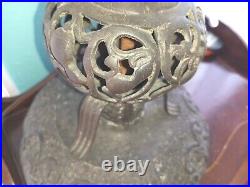 Antique Vtg Asian Black Wrought Iron Filigree Large Lamp Japan Flowers 40 T