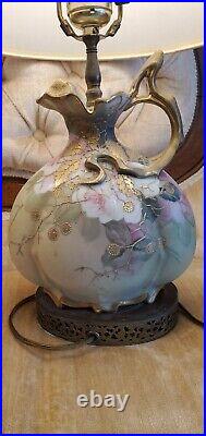 Antique lamp vase Nippon Moriage Hand Painted Rare Rosses 20inch high Vintage