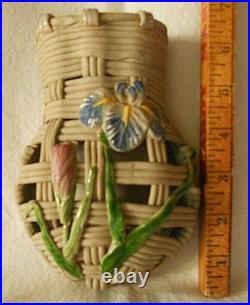 Banko WOVEN CLAY ENAMEL FLOWERS Ceramic Wall Pocket ANTIQUE RARE gifted 1909