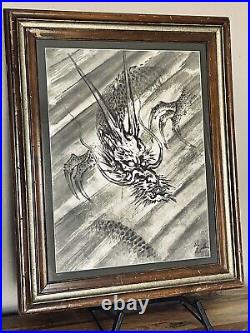 Beautiful Antique Japan Dragon Sumi-e Watercolor Painting Signed Large 26x32