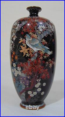 Black Japanese 19th C Meiji Cloisonne Vase Falcon Hawk Bird Flowers