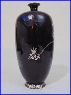 Black Japanese 19th C Meiji Cloisonne Vase Falcon Hawk Bird Flowers