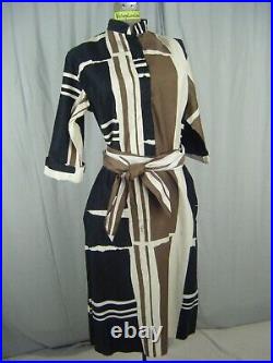 CATHERINE OGUST Vtg 70s Brown Black White Abstract Printed Shirt Dress-Bust 42/M