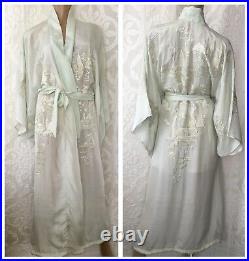 Gorgeous Vintage 1940s Pale Mint Green Embroidered Silk Kimono Robe Padded Hem