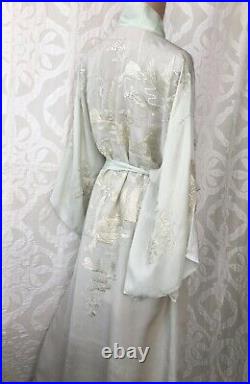 Gorgeous Vintage 1940s Pale Mint Green Embroidered Silk Kimono Robe Padded Hem