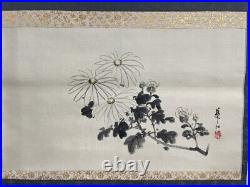 HANGER SCROLL JAPANESE PAINTING JAPAN Chrysanthemum VINTAGE ART f583